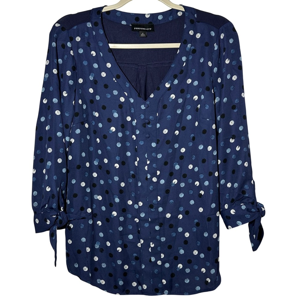 FORTUNE IVY Navy Blue Polka Dot V‎ Neck Tie Sleeve Blouse Women's Medium